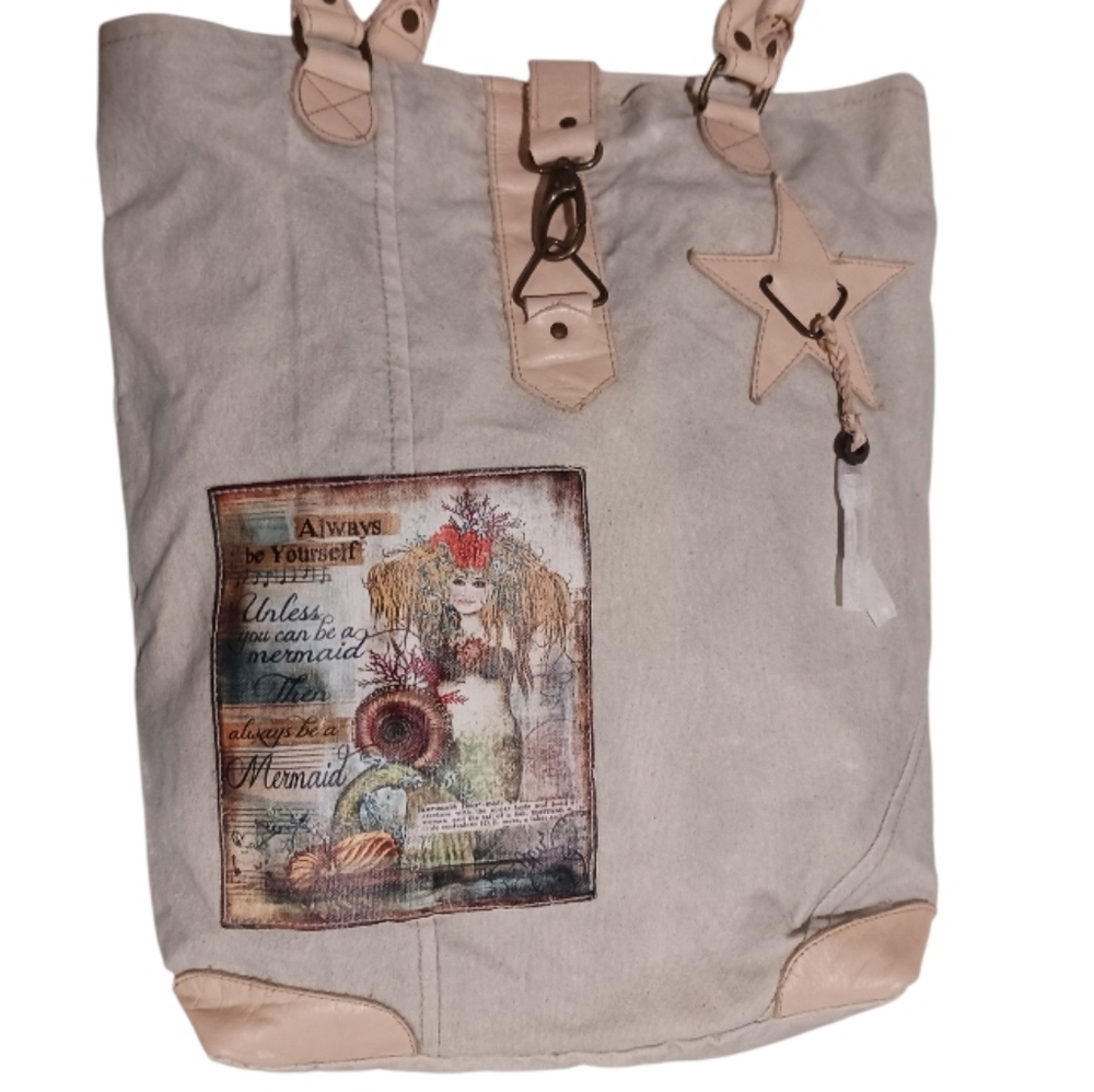Vintage Addiction Mermaid Canvas Leather Tote Whimsy Recycled Always Be Yourself - Picture 3 of 13